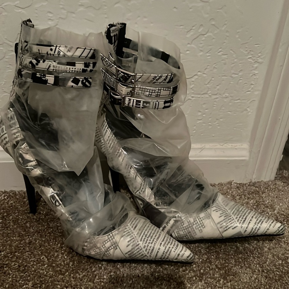 Jeffrey Campbell Newspaper Print Pointed Toe Clear Ankle Boots